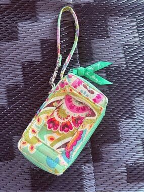 Vera Bradley Mint Green Floral Quilted Phone Wristlet with Pink Accents
